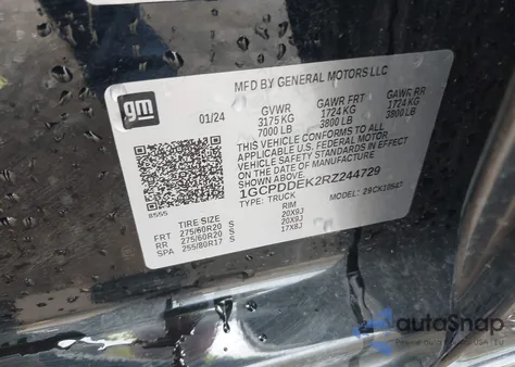 2024 Chevrolet Silverado K1500 Lt из США, поврежденный, VIN 1GCPDDEK2RZ244729